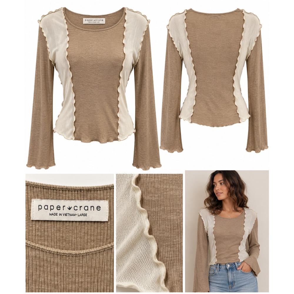 Paper Crane Ribbed Lettuce Edge Top Two Tone Bell Sleeve Boho Aesthetic Large